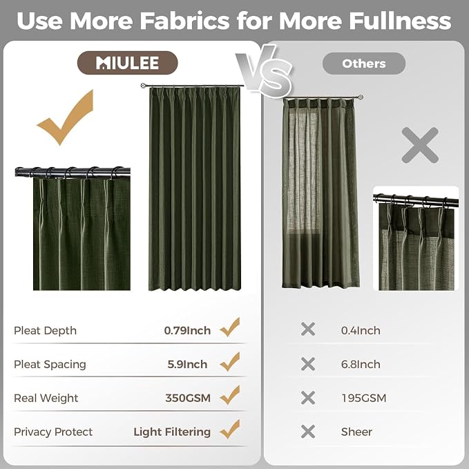 MIULEE Pinch Pleated Thick Linen Curtains 108 Inches Length 2 Panels for Living Room Bedroom, Extra Long Pinch Pleat Drapes Back Tab Light Filtering Loden Foor to Ceiling Curtains with Hooks&Rings