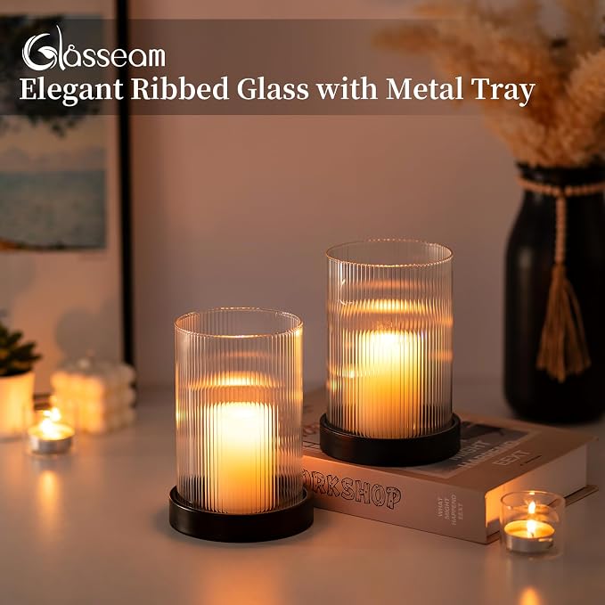 Glasseam Glass Hurricane Candle Holder: Black Pillar Candle Holders Set of 2 Ribbed Clear Glass Cover with Metal Candle Tray Modern Candle Holders for Table Centerpiece Living Room Fireplace Decor