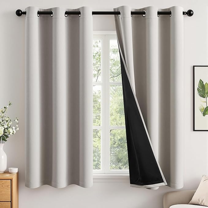 MIULEE 100% Blackout Curtains for Bedroom 54 Inch Length, 2 Thick Layers Thermal Insulated Short Window Curtains with Black Liner, Noise Reducing Grommet Kitchen Living Room Drapes 2 Panels Stone