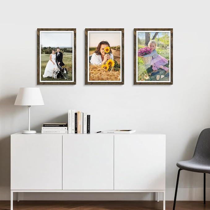 Picrit 12x18 Picture Frame 3 Pack, Wooden Brown Rustic Poster Frame, Display Poster 11 x 17 with Mat or 12 x 18 without Mat for Horizontal or Vertical Wall Mounting