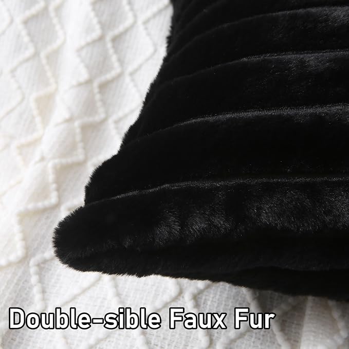 Decorative Throw Pillow with Inserts, Set of 2 Soft Faux Fur Throw Pillows, Square Boho Striped Pillow for Couch, Bed, Sofa Decor(Black, 16" x 16")