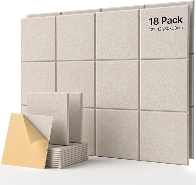 18 Pack Soundproof Wall Panels Self-Adhesive, Square Sound Proof Foam Panels for Wall, High Density Acoustic Panels, Acoustic Panels for Home Office, Recording Studio 12" X 12" X 0.4" Beige