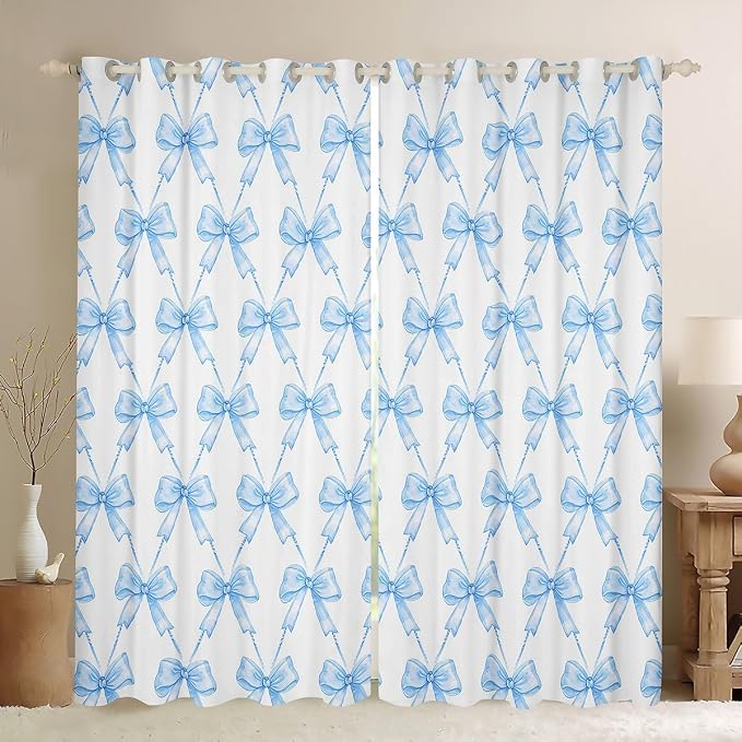 Feelyou Blue Bow Curtains for Bedroom Living Room (2 Panels, 42 x 84 Inch) Cute Bowknot Room Darkening Blackout Curtain Boys Girls Kawaii Blackout Curtains Bow and Stripes Window Treatments