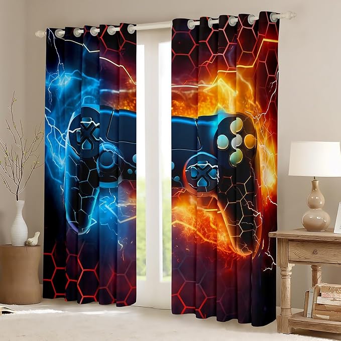 Feelyou Kids Boys Blue Red Gamer Darkening Drapes Honeycomb Gaming Blankout Curtains for Lightning Gamer Window Curtains Game Room Decor Window Treatments (2 Panels, 42 x 63 Inch)