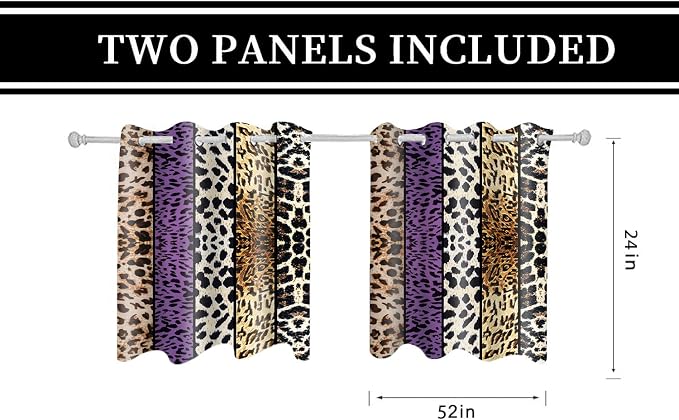 Wild Animal Print Curtain, Room Darkening Thermal Insulated Blackout Leopard Boa Window Drapes with Grommets for Living, Dining, Bedroom, Purple Leopard Print, 52"x 24", 2 Panels