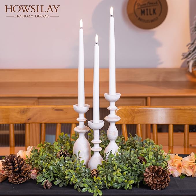 HOWSILAY Wood Farmhouse Candle Holders, Set of 3 Candlestick Holder, White | Solid Handcrafted Wood, 3 Assorted Heights, Fits Taper/LED Tea Light/Pillar Candles, Rustic & Modern Home Decor, Gift Box