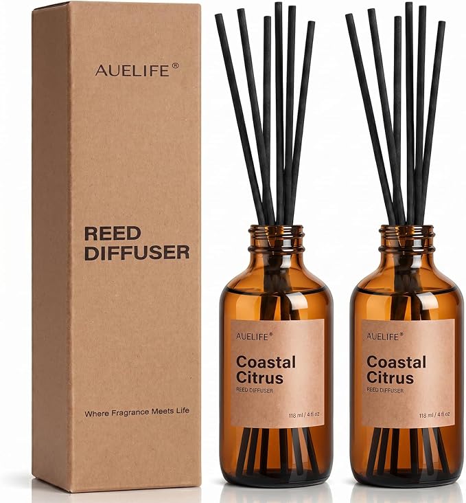 Auelife Reed Diffuser Set, Coastal Citrus 2 Pack 8 Fl Oz Scented Diffuser with Fiber Sticks, Home Fragrance Reed Diffuser for Bathroom Decor, Bedroom, Office & Housewarming Gift