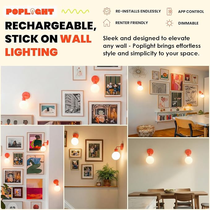 Poplight Wireless Wall Sconce (Shark Tank) Rechargeable & Dimmable LED Light w/App Control & Damage-Free Install, Moveable Modern Ambient Lighting for Elegant Home & Bedroom Decor | Vermillion Red