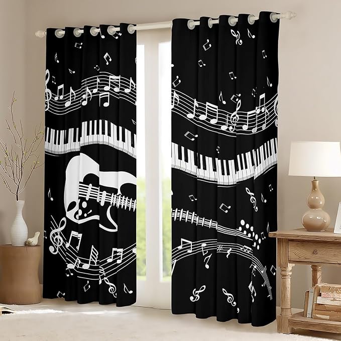 Rosebridal Guitar Curtains Piano Keys Musical Notes Window Curtains for Kids Boys Girls Teens White Black Music Theme Window Curtains Panels Rock Hip Hop Window Drapes 2 Panel 38" Wx54 L
