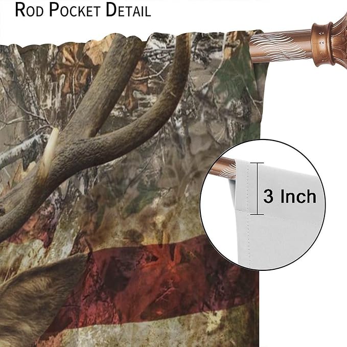 Vintage Bear Blackout Curtains for Kitchen Vintage Country Farmhouse Camouflage Forest Hunting Cabin American Flag Wild Elk Animal Windows Treatments for Bedroom Living Room 42x54in