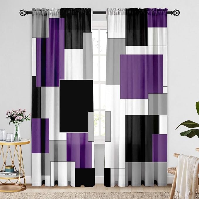 Purple and Black Curtains for Living Room 84 Length Curtains Geometry Modern White Purple Abstract Rod Pocket Curtain for Bedroom Kitchen Room Window Drapes 2 Panels