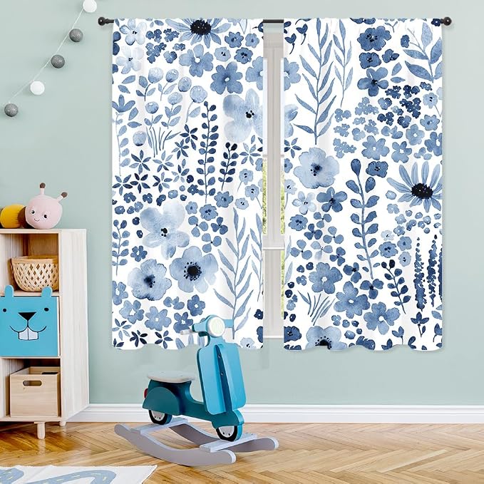 Riyidecor Navy Blue Floral Curtains Wildflower Watercolor Flower Rustic Leaves Boho Cute Botanical Plant Spring Nature Rod Pocket Modern Bedroom Living Room Treatment Fabric 2 Panels 42Wx63H Inch