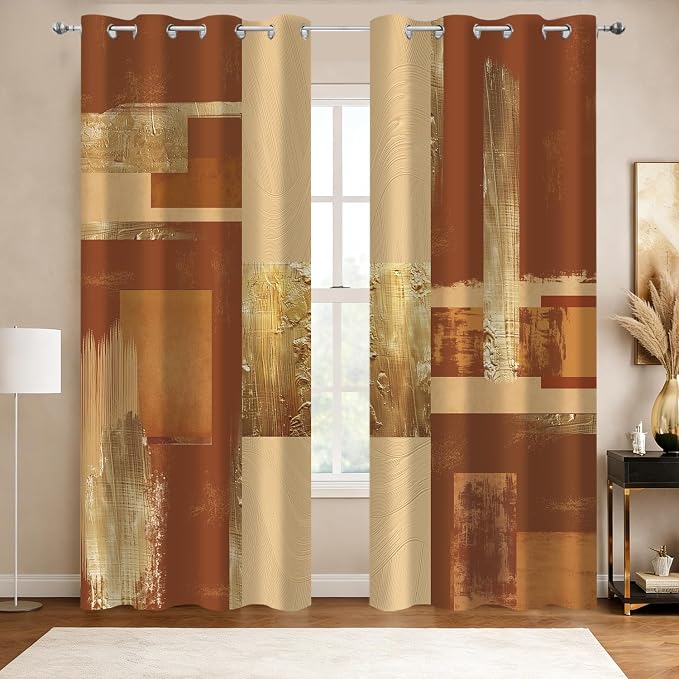 Boho Brown Gold Abstract Blackout Curtains, Modern Oil Aesthetic Neutral Contemporary Beige Darkening Thermal Insulated Grommet Light Blocking Drape Decor, 52 x 84 Inch Long 2 Panels
