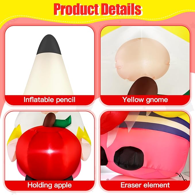 4FT Back to School Inflatable Gnome Outdoor Decorations Blow-up Inflatables Pencil Gnome with Apple Built-in 2 LED Lights for First Day of School Party Back to School Classroom Decor for Yard Lawn