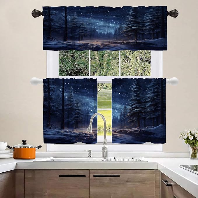 Shrahala Winter New Year Blackout Curtain Tiers, Stars Forests Snow Night Kitchen Valance Light Blocking Tier Drapes with Rod Pocket, 2 Pack 26 X 24 in