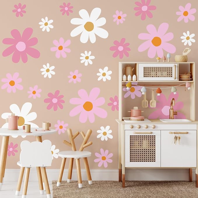 TaoBary 12 Sheet Daisy Wall Sticker Decal Removable Cute Daisy Bedroom Room Decor Flower Wall Sticker Pink White Flower Decal Wallpaper Peel and Stick for Nursery Home(Pink Color,Vibrant Style)