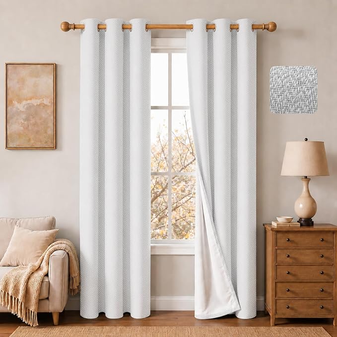 2 Panels 100% Blackout Linen-Textured Curtains, Thick Thermal Insulated Grommet Drapes with Subtle Herringbone Weave, Luxury Decor for Bedroom/Living Room, 37 x 84 Inches, Off-White