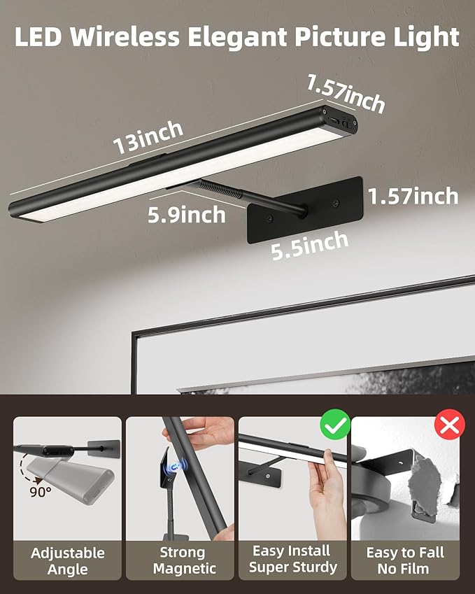 EZVALO Picture Light for Wall, 13'' Black Rechargeable 4800mAh Battery Lights Wireless Remote, Dimmable Magnetic LED Art Painting Light with 3 Color Temperatures, Display for Gallery, Living Room(2P)