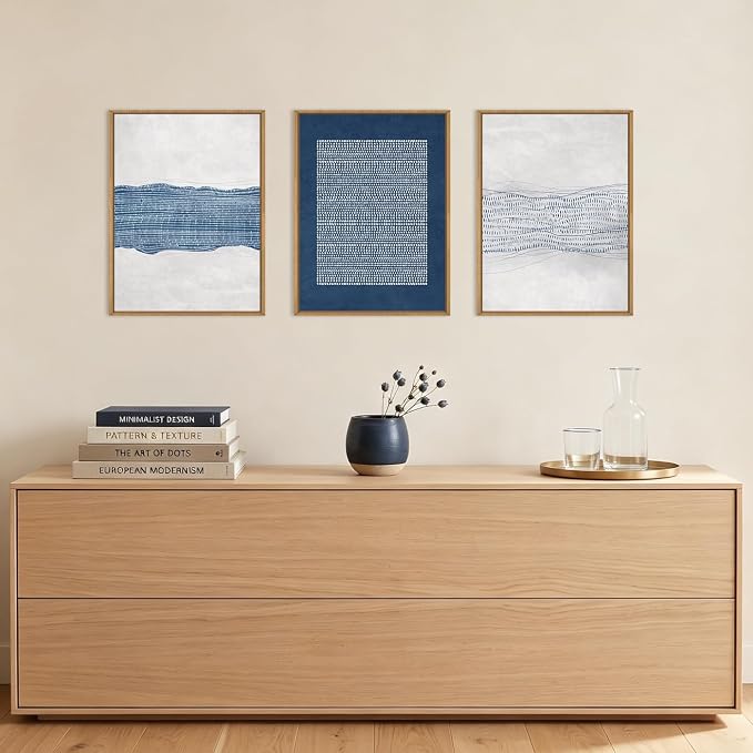 Large Abstract Navy Blue and White Framed Canvas Wall Art Set,Modern Neutral Geometric Waves Lines Dots Wall Decor,Mid Century Minimalist Boho Artwork for Living Room,Bedroom,Office- 12"x16"x3