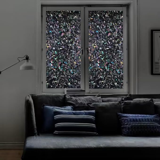 Finnez Blackout Window Privacy Film Rainbow Decorative Window Film, 3D Static Stained Glass Cling Tint for Room Darkening Day Sleep Non-Adhesive, 29.5 x 78.7 inches