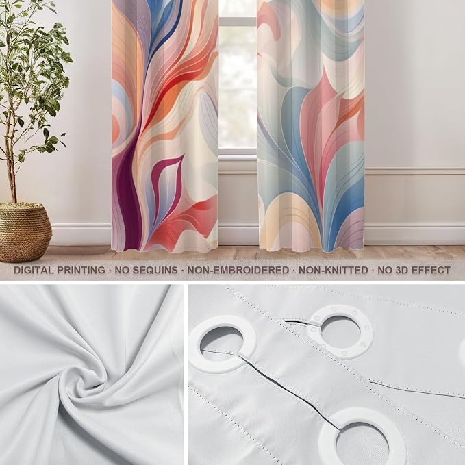 Shrahala Colorful Waves Thermal Insulated Blackout Window Curtains, Fluid Abstract Pattern Long Drapes for Bedroom/Living Room with Plastic Grommet, 52X84 Set of 2