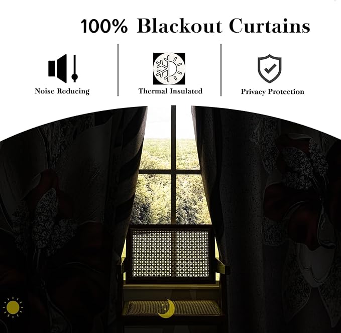 Floral 100% Blackout Curtains 96 inch long 2 Panels Set Rustic Vintage Flowers Botanical Leaf Pattern Black Out Curtains Thermal Insulated Darkening Window Drapes for Bedroom Living Room 52 x 96 inch