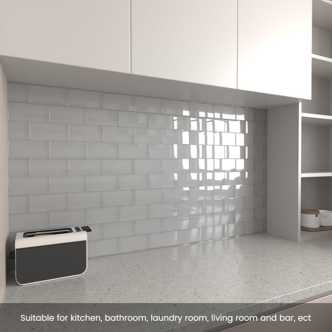 Glass Subway Tile 3 x 6 Inch Light Grey Glass Tile for Kitchen Backsplash Bathroom Wall Pack of 40 Sheets