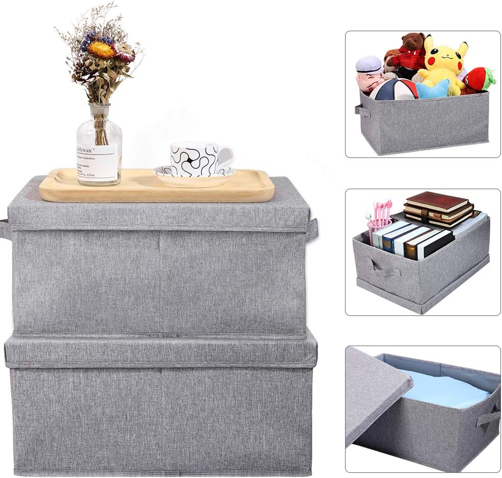 HOONEX Linen Foldable Storage Bins with Lids, 2 Pack, Storage Boxes with Carrying Handles and Sturdy Heavy Cardboard, 16.5" L x 11.8" W x 7.5" H for Shoes, Books, Clothes, Light Grey