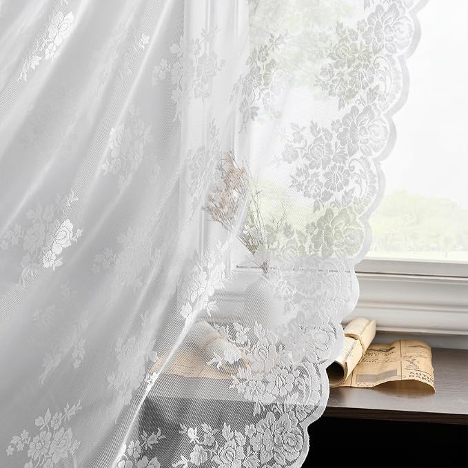 Kotile White Lace Curtains 96 Inches Long - Premium Country Floral Scalloped Lace Panel Curtains for Living Room, Antique White Floral Sheer Lace Curtains for Windows, 52 x 96 Inch, 2 Panels, White