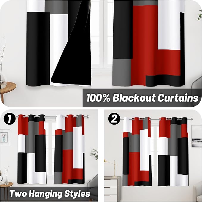 Tyrot Red Black 100% Blackout Curtains 45 inch Length 2 Panels Set White Grey Modern Abstract Geometric Drapes for Kitchen Black Out Curtains Insulated Room Darkening Small Window Curtains, 42Wx45L