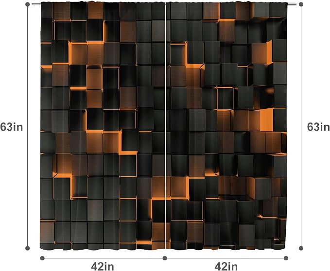 MESHELLY Abstract Black Orange Curtains 42Wx63H Inch Rod Pocket Modern 3D Gradient Design Geometric Cubes Minimalist Bedroom Window Drapes Futuristic Man Boys Printed Living Room Window Treatment