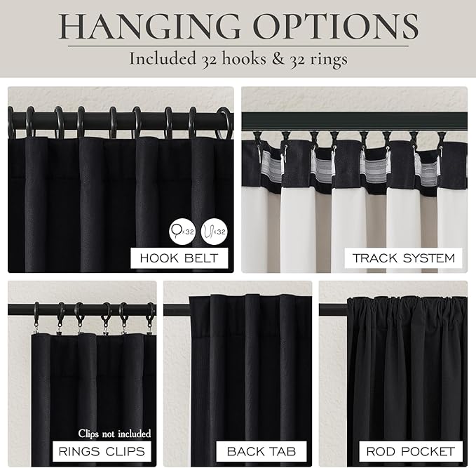 Black Blackout Curtains 92 Inches Long 2 Panel Set, Sun Blocking Curtain for Bedroom Modern Black Window Linen Drapes for Winter Thermal Insulated Pleated with Heading Tape Pin Hooks (W50"xL92")