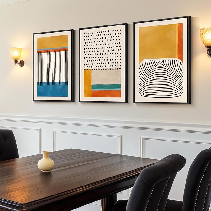 Framed Colorful Abstract Wall Art for Living Room, 3 Piece Mid Century Modern Canvas Paintings Prints Artwork for Walls, Large Modern Triptych Pictures Wall Decor for Bedroom Home Office, 16x24 Inch
