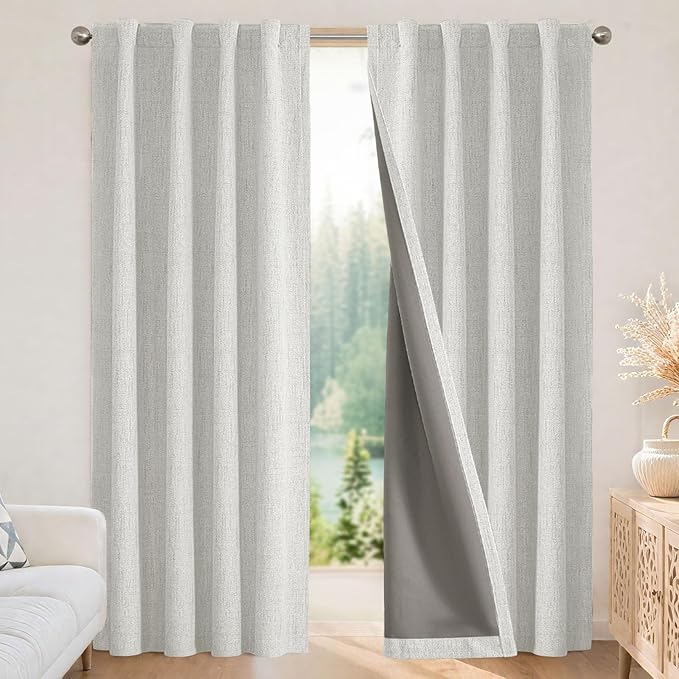 Joydeco Blackout Curtains for Bedroom - 100% Light Blocking 2 Panels Set White Drapes 66" W x 90" L, Thermal Insulated Room Darkening Curtains, Linen Textured for Living Room, Rod Pocket & Back Tabs
