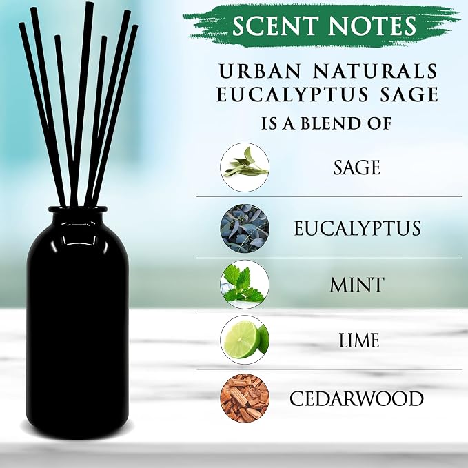 Urban Naturals Reed Diffuser Set, Eucalyptus Sage - Bathroom Shelf Décor | Mint, Lime & Cedarwood Essential Oils, Soothing & Relaxing scent for Bathroom or Bedroom Made in the USA