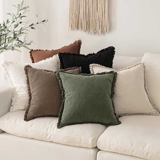 MIULEE Decorative Throw Pillow Covers Neutral Linen Fringe Throw Pillows Euro Shams Set of 2 Cocoa Brown Boho Farmhouse Cushion Covers for Couch Sofa Bed Living Room Fall Home Decor 26x26 Inch