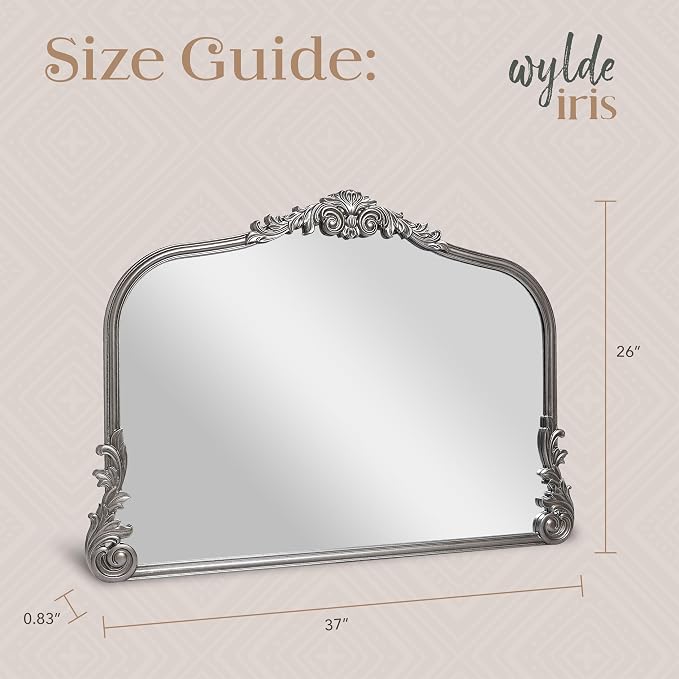 Wylde Iris English Estate Carved Arch Wood Wall Mirror, Mirror for Entryway, Living Room, Bathroom, Antique Silver, 26x37