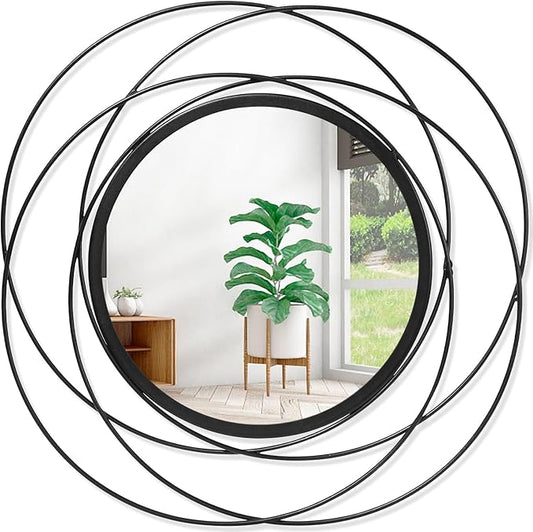 Wall Mirror Mounted Black Small Round Decorative Mirrors, Circle Metal Art Mirror Home for Bathroom Vanity, Living Room or Bedroom 12” x 12”
