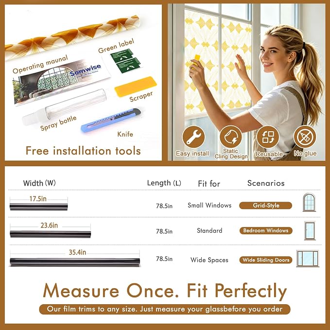 SOMWISE Frosted Glass Window Privacy Film with Tools, Heat Blocking, Anti-UV, Anti-Glare, Static Cling, Decor for Home Bathroom Door, Renter Friendly, Removable, Reusable, Yellow 17.5Inchx157Inch