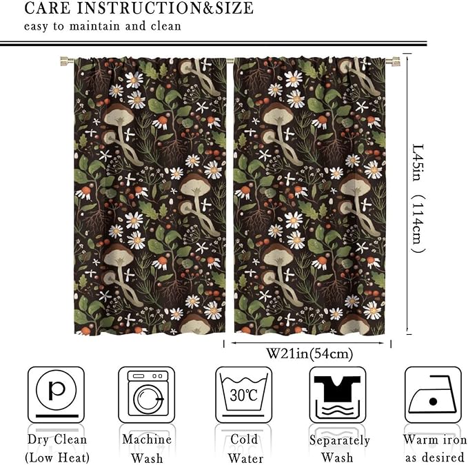 Mushroom Semi Sheer Curtains,Green Plant Forest Botanical Print Window Treatments for Bedroom Living Room Kitchen Cartoon Herbs Floral Window Drapes 2 Panels Set,Total Size 42 x 45 Inch