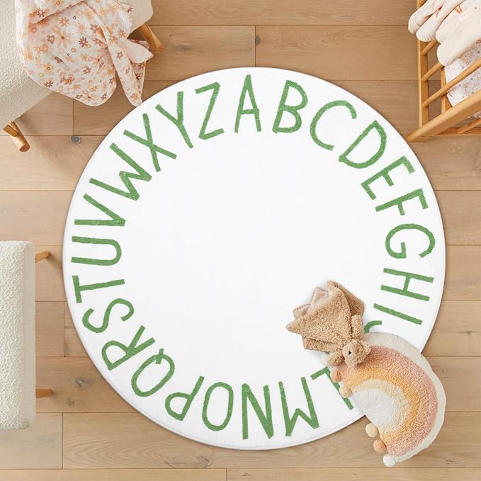 Topotdor Round ABC Area Rug,47 Inch Soft Floor Carpet,Green/White | Washable Alphabet Circle Rug,Non Slip Floor Mat Ideal for Bedrooms,Kids Rooms,Classrooms