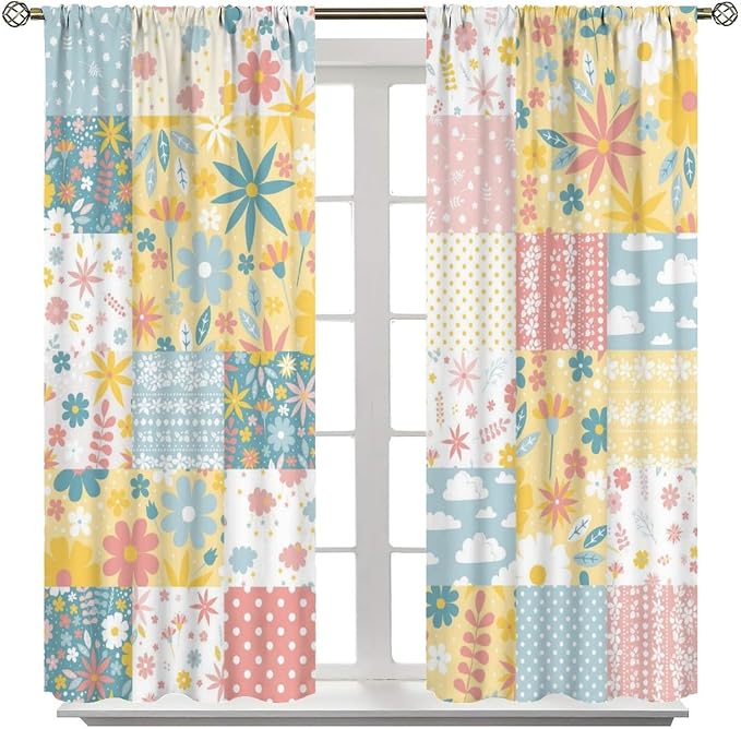 Boho Patchwork Floral Blackout Curtains Retro Rustic Flowers Plants Vintage Farmhouse Print Window Drapes for Bedroom Living Room Kitchen Cafe （W21xL45 Inch） x2 Panels