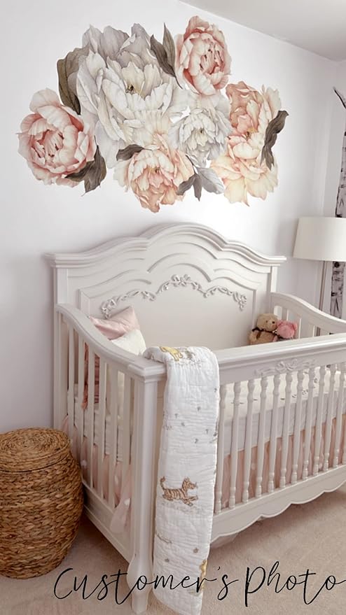 Peony Wall Decal for Bedroom Kids Room Floral Wall Sticker Watercolor Floral Removable Peel and Stick For Girls Peonies Wall Decals Childroom Livingroom