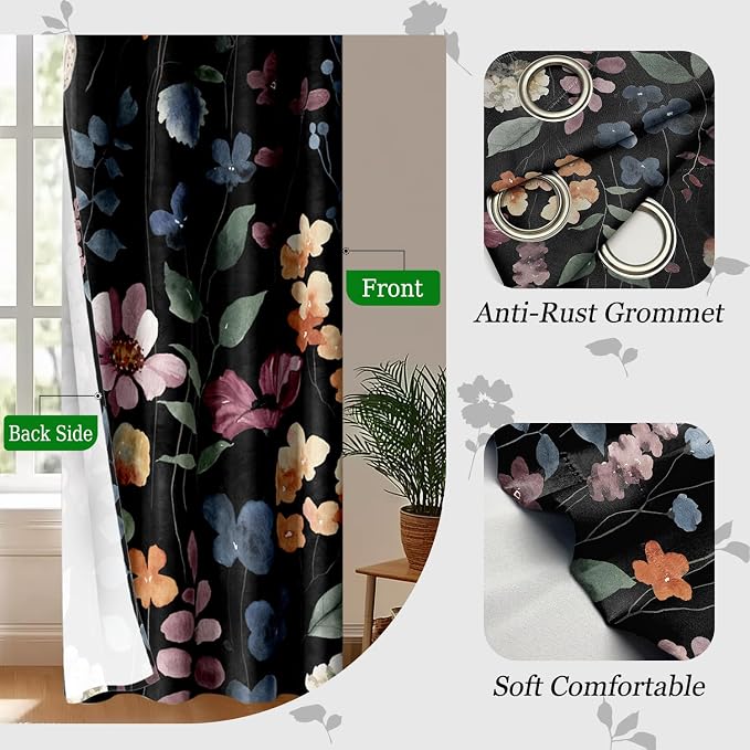 Boho Vintage Floral Blackout Curtains, Black Retro Watercolour Colorful Plant Leaf Flower Design Window Drapes, Living Room Bedroom Decor 2 Panels 52x84 Inch