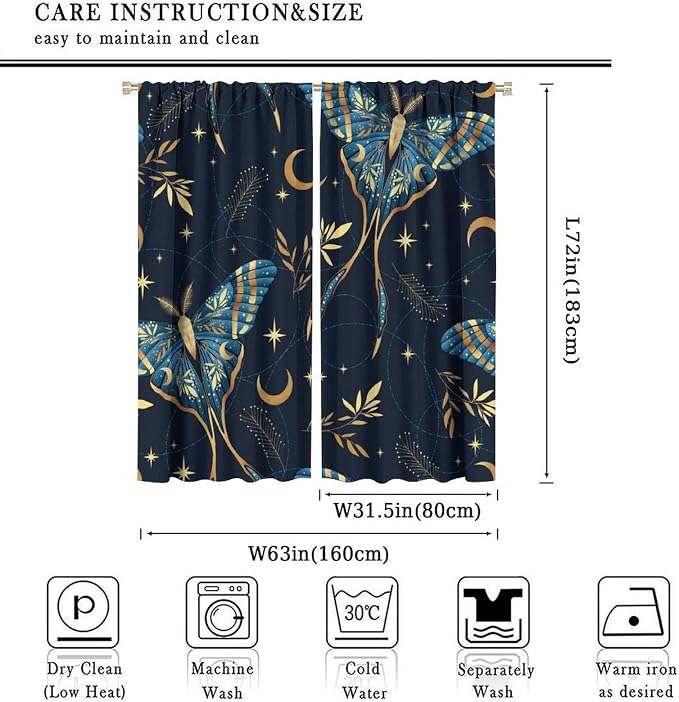 Witchy Curtains, Goth Curtains, Moth Decor, Star Curtains, Moth Curtains Darkening Curtains Botanical Curtains for Bedroom Living Room W63xL72 Inch
