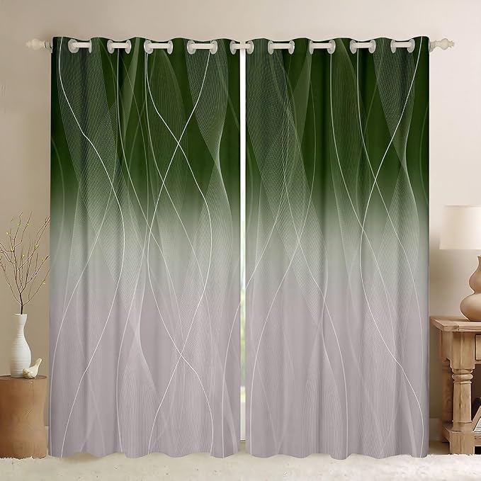 jejeloiu Green Darkening Drapes Kids Ombre Strip Lines Curtains for Bedroom Living Room Gradient Style Blackout Curtains for Women Men Lightweight Abstract Window Treatments s