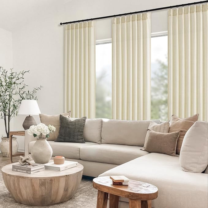 Topfinel 102 Inch Curtains 2 Panels Set,Two Packs Pinch Pleat Back Tab Linen Window Semi Sheer Privacy Thick Decorative Curtain Drapes for Living Room Bedroom,40x102 in Long,Cream