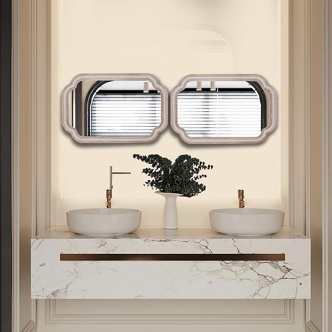 36x24 Inch Scalloped Bathroom Mirror, Wooden Rustic Farmhouse Wall Mirrors | Install Vertical or Horizontal, Subtle Grain-Look Edging Suits Rustic, Cottage, Coastal, Vintage, and Modern Interiors