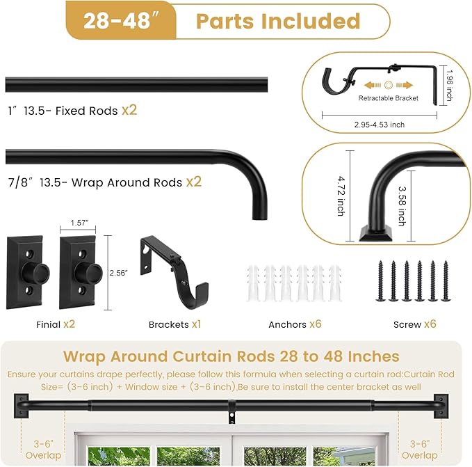 TANGWIN Black Wrap Around Curtain Rods 28 to 48:Blackout Heavy Duty Adjustable Window Curtain Rod for Bedroom Kitchen,Modern Industrial Curved French Return Metal Drapery Rods Easy Install,Matte Black