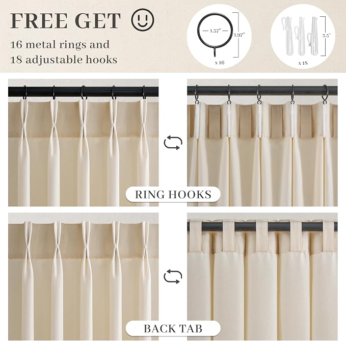 108 Inch Pinch Pleated Linen Curtains 2 Panels,Beige Semi Sheer Curtains with Pleated Hooks Back Tab for Track System,Extra Long 9ft Curtain for Living Room Bedroom,40x108